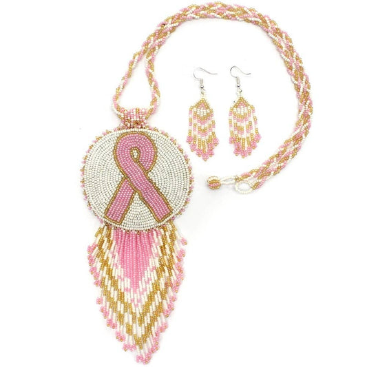 Pink Ribbon - Handmade - Breast Cancer Awareness - Beaded Necklace Earrings Set