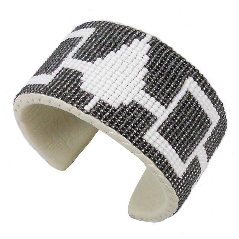 Iris Grey - White Seed Beads - Hiawatha Beadwork Beaded Bracelet Leather