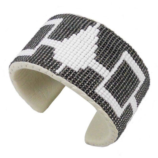 Iris Grey - White Seed Beads - Hiawatha Beadwork Beaded Bracelet Leather