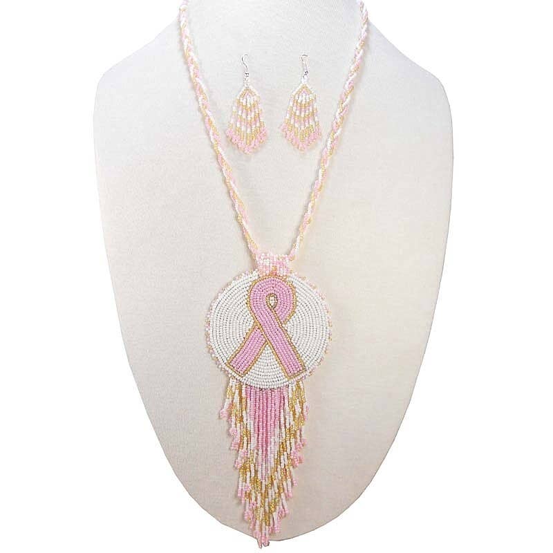 Pink Ribbon - Handmade - Breast Cancer Awareness - Beaded Necklace Earrings Set
