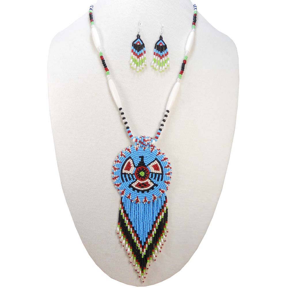Turquoise - Seed Beads - Long Medallion - Eagle Beaded Necklace - with Earrings