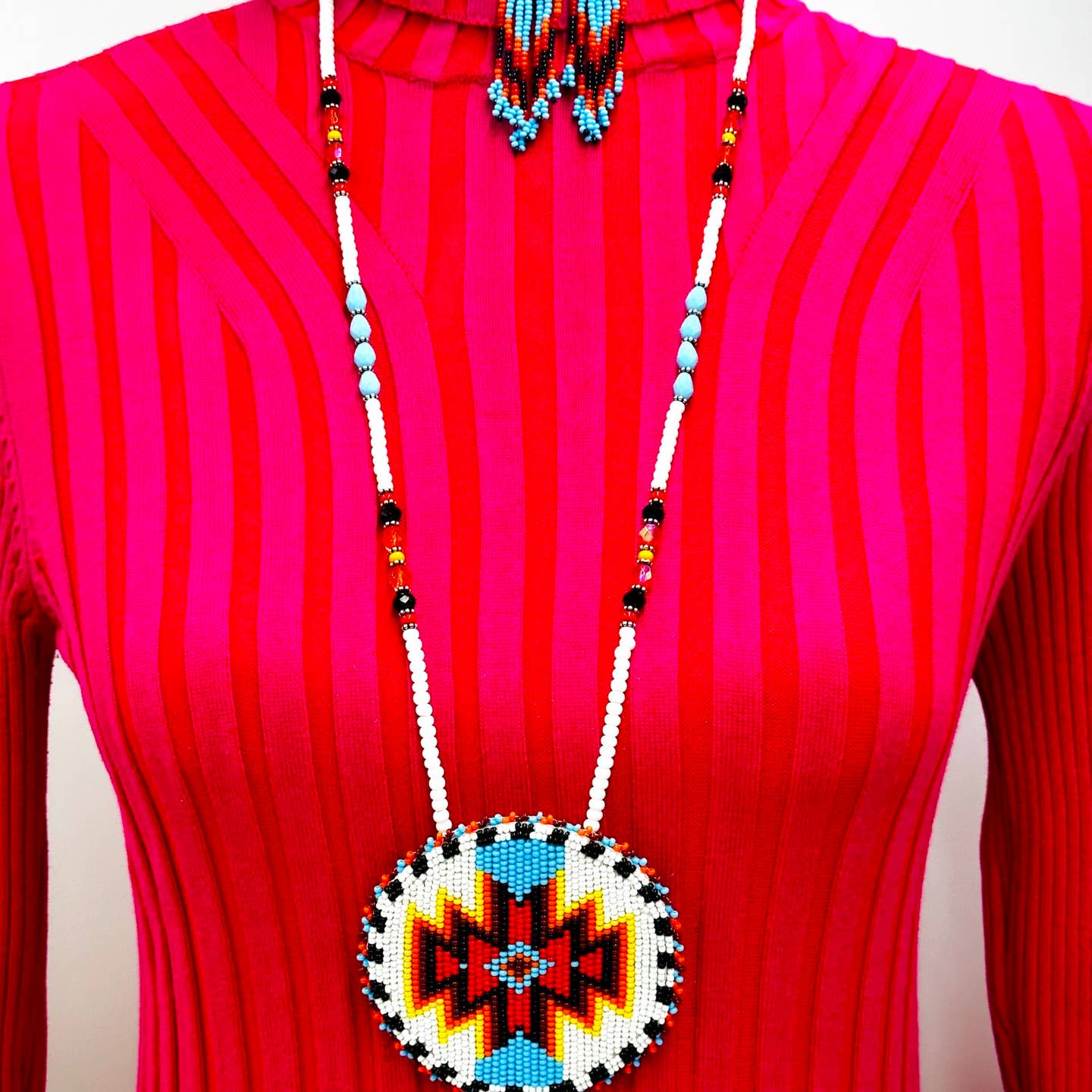 Handmade - Beaded White Red - Medallion Necklace Earrings Set