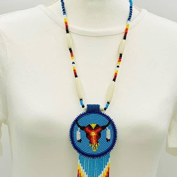 Handmade - Turquoise Blue - Beaded Bull Skull - Medallion - Necklace Set