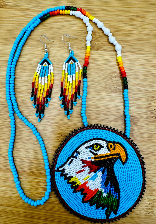 Handmade - Beaded Cyan Blue - Eagle Necklace Earrings Set