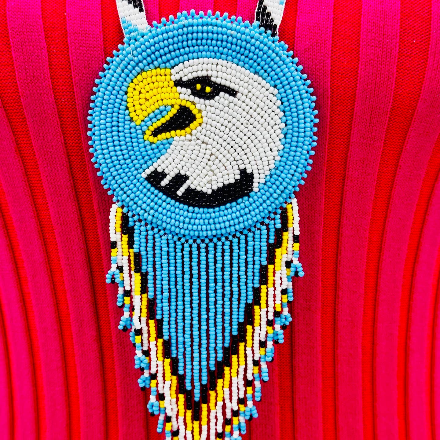 Handmade Beaded - Cyan Blue White Yellow - Eagle Pattern Fringe