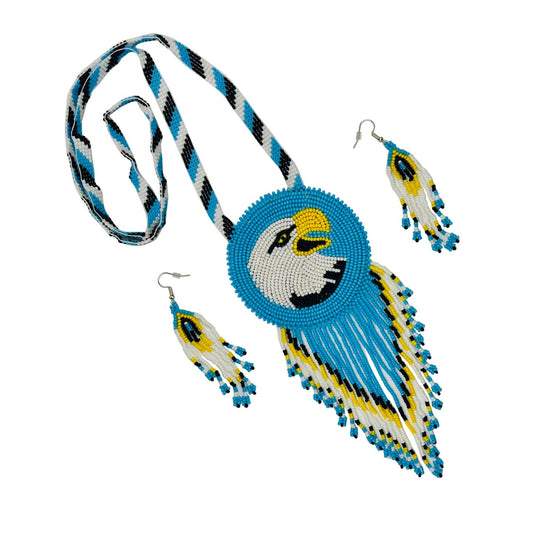 Handmade Beaded - Cyan Blue White Yellow - Eagle Pattern Fringe