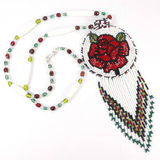 Red Rose - Long Medallion - Handmade Beaded Necklace - Earrings Set