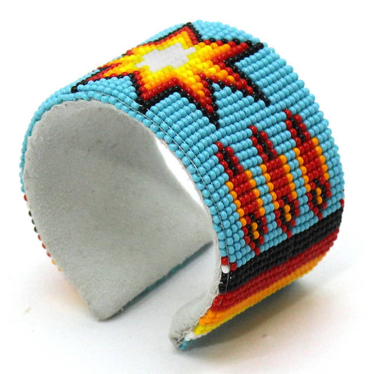 Handmade - Beaded Cyan - Blue Yellow Star - Leather Hard Cuff Bracelet