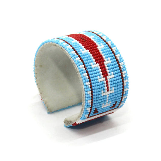 Handmade - Beaded Cyan - Blue Red Leather - Hard Cuff Bracelet