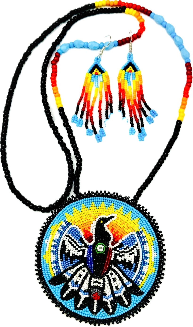 Handmade Beaded - Black Cyan Blue - Eagle Necklace - Earrings Set