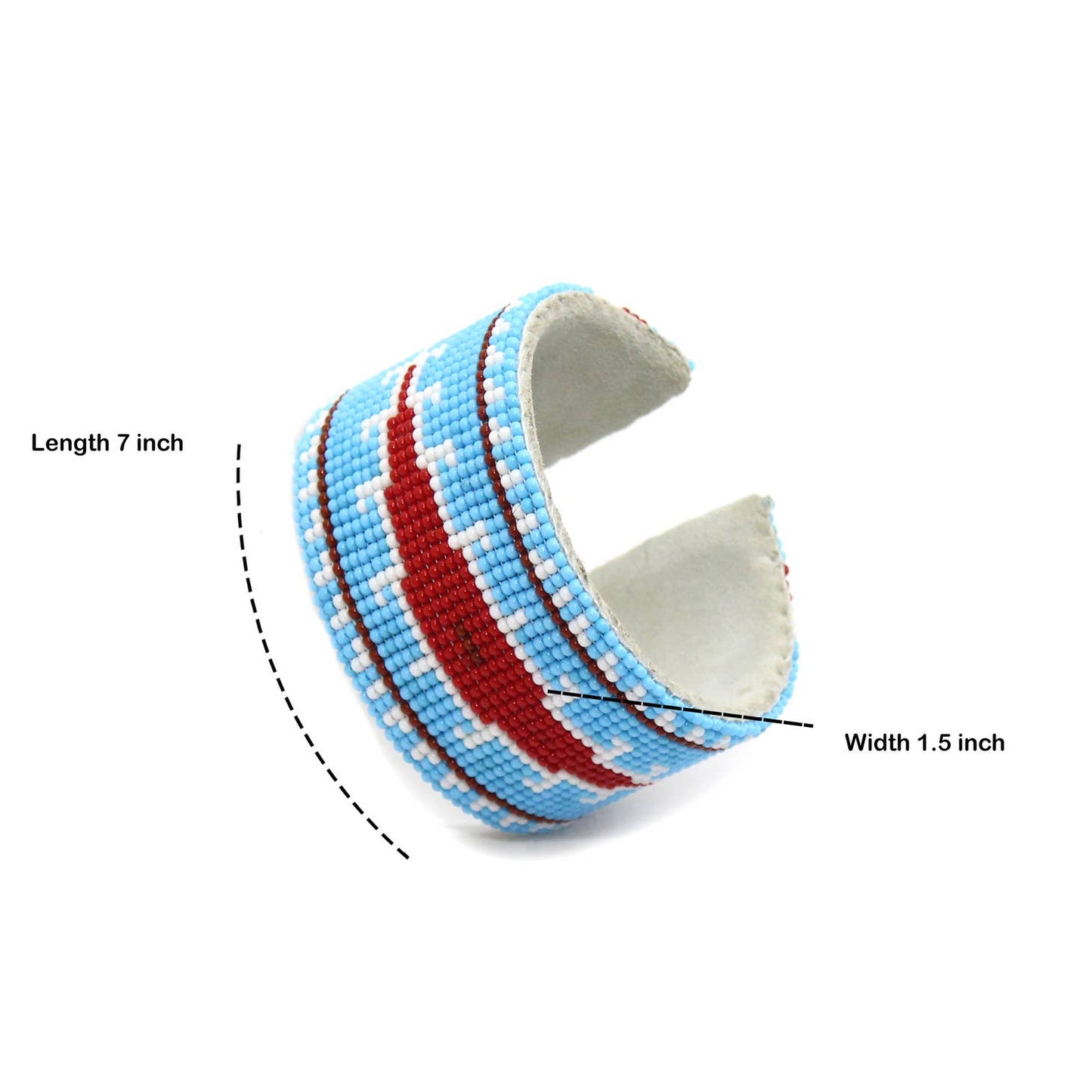 Handmade - Beaded Cyan - Blue Red Leather - Hard Cuff Bracelet