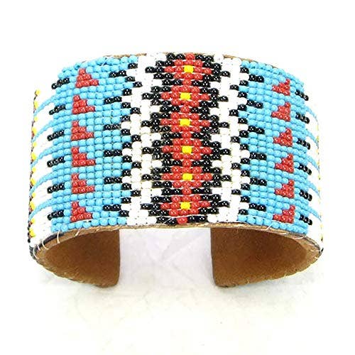 Beaded Hard Cuff Bracelet - Seed Beads - Blue Red White