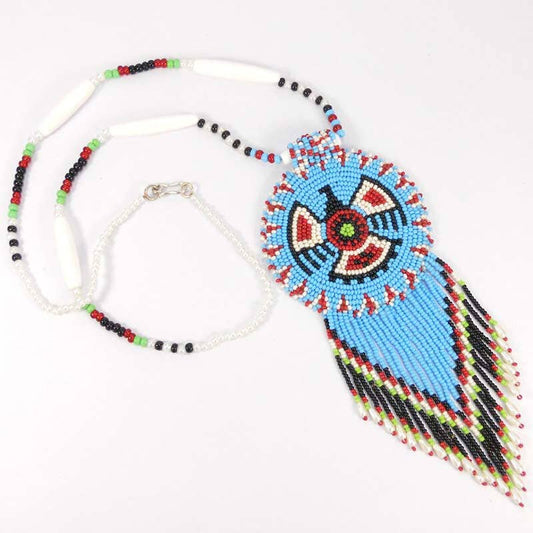 Turquoise - Seed Beads - Long Medallion - Eagle Beaded Necklace - with Earrings