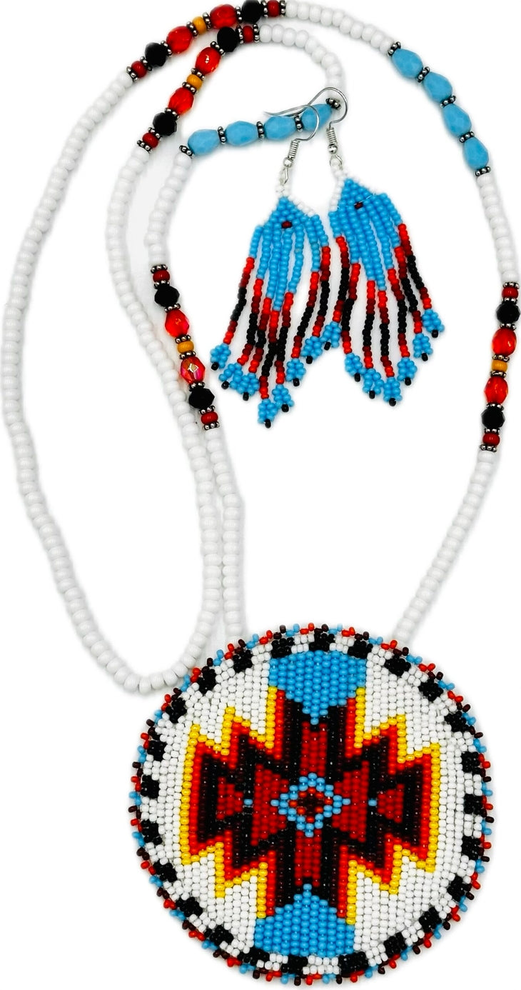 Handmade - Beaded White Red - Medallion Necklace Earrings Set
