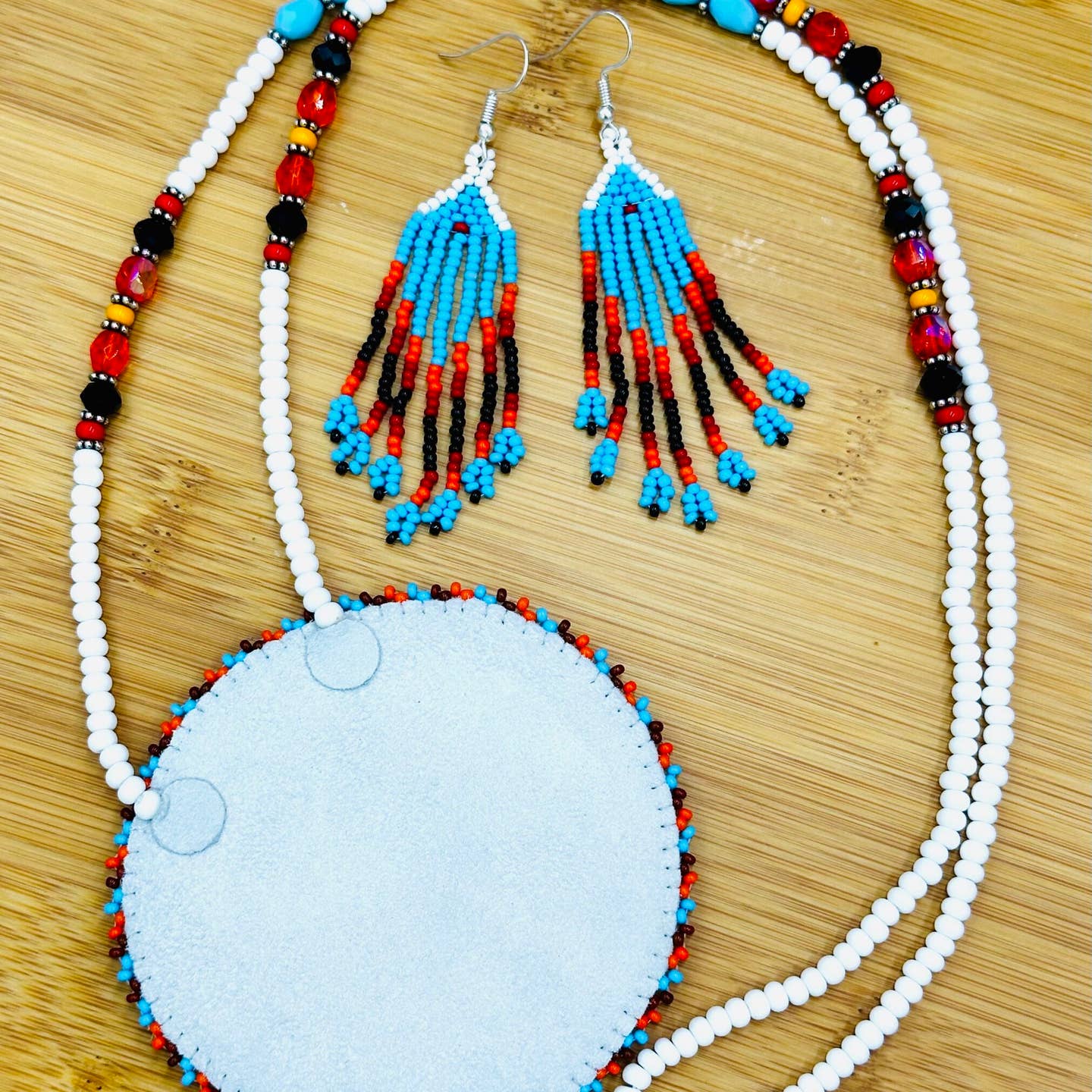 Handmade - Beaded White Red - Medallion Necklace Earrings Set