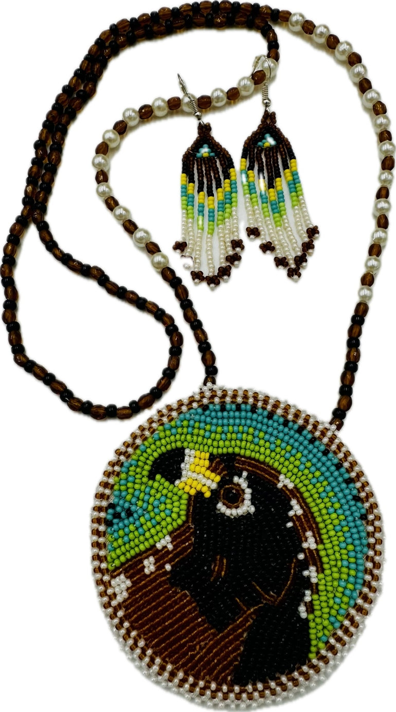 Handmade - Beaded Hawk - Brown - Necklace Earrings Set