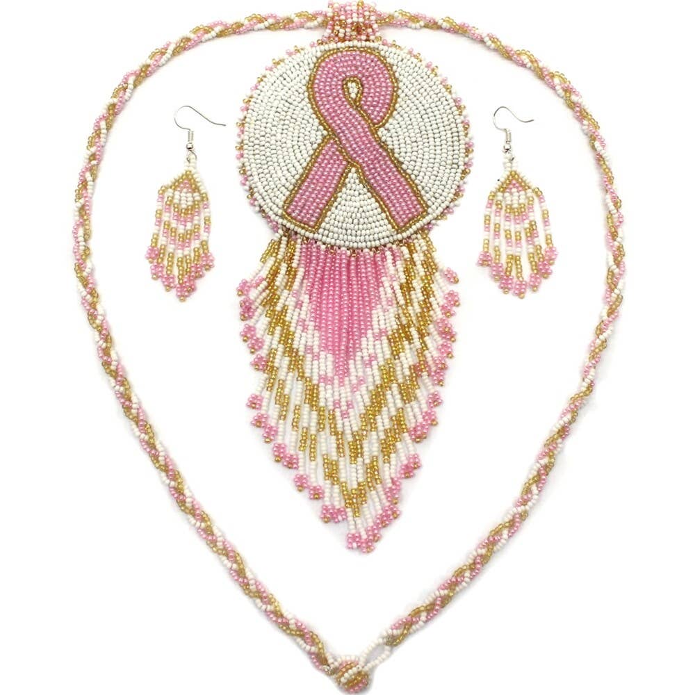Pink Ribbon - Handmade - Breast Cancer Awareness - Beaded Necklace Earrings Set