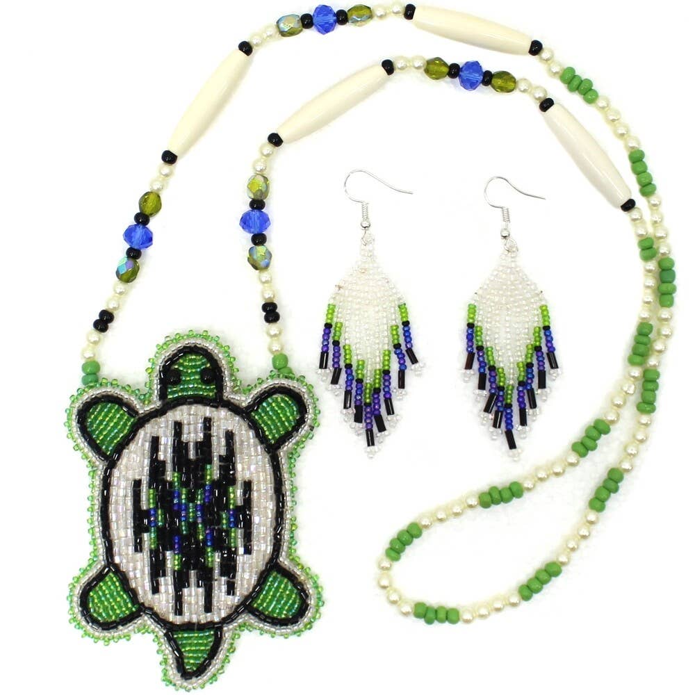 Handmade Blue Green White - Turtle - Long Necklace Earring Set