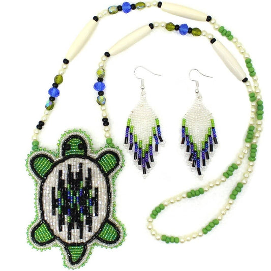 Handmade Blue Green White - Turtle - Long Necklace Earring Set