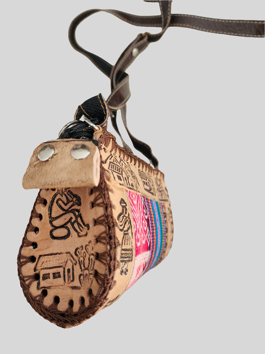 Small - Tribal Peruvian - Leather Material - Crossbody Purse Bag