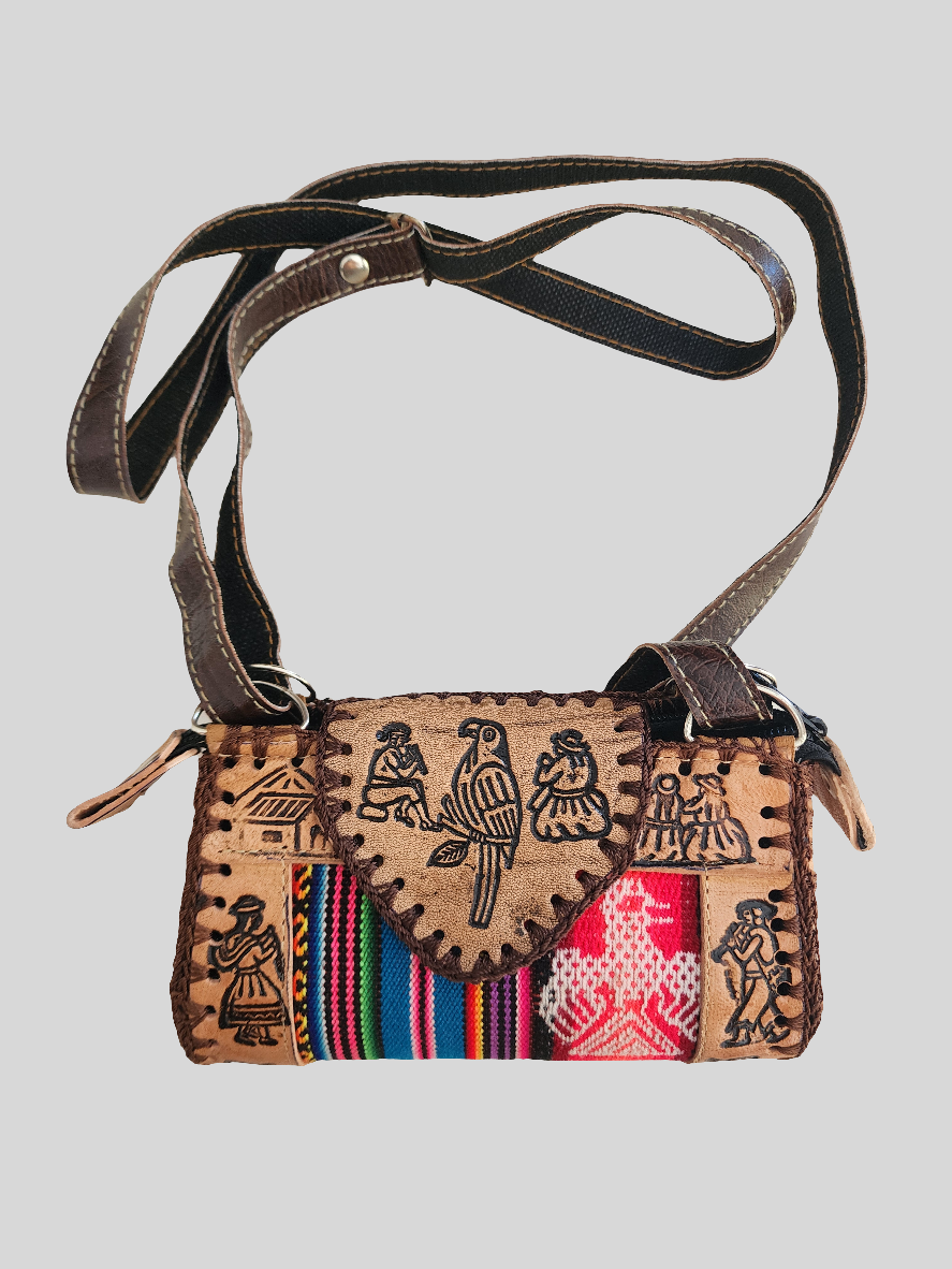 Small - Tribal Peruvian - Leather Material - Crossbody Purse Bag