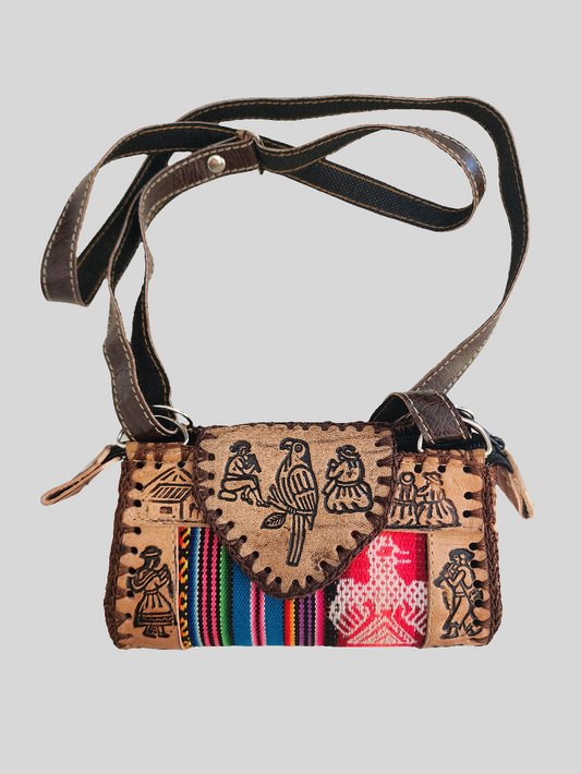 Small - Tribal Peruvian - Leather Material - Crossbody Purse Bag