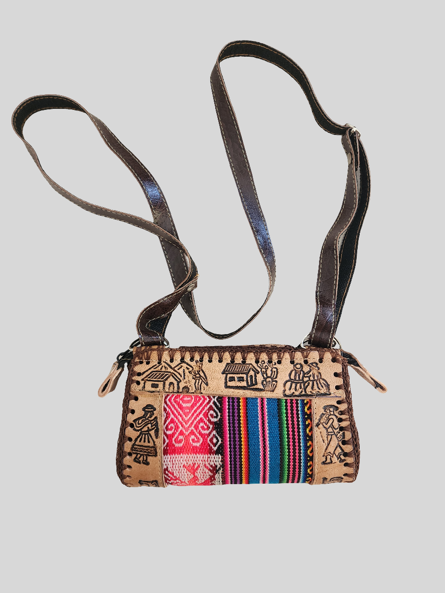 Small - Tribal Peruvian - Leather Material - Crossbody Purse Bag