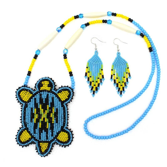 Beaded -Black Blue Turtle Medallion - Matching Earrings