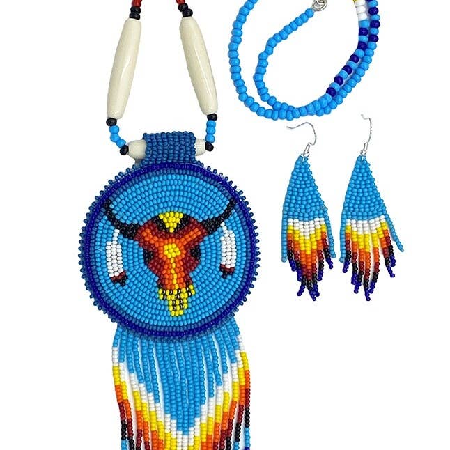 Handmade - Turquoise Blue - Beaded Bull Skull - Medallion - Necklace Set
