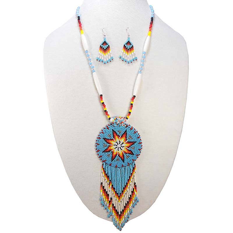 Cyan Blue Seed Bead - Long Star Medallion - Beaded Necklace Earrings