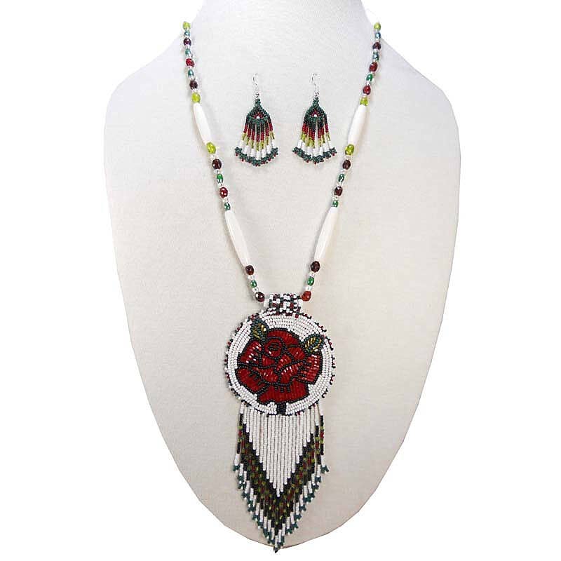 Red Rose - Long Medallion - Handmade Beaded Necklace - Earrings Set