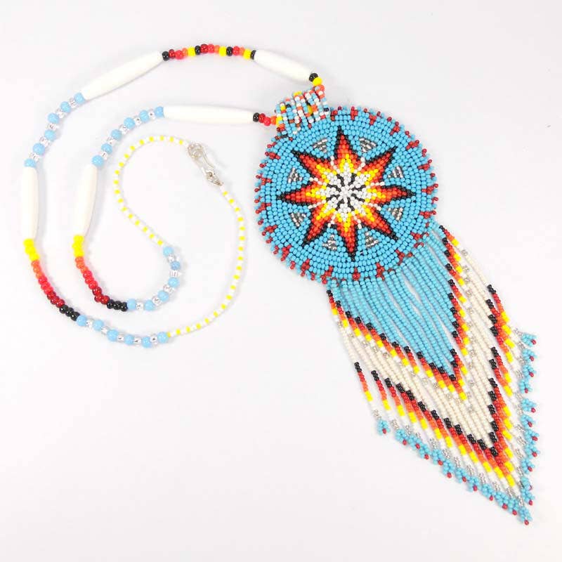 Cyan Blue Seed Bead - Long Star Medallion - Beaded Necklace Earrings