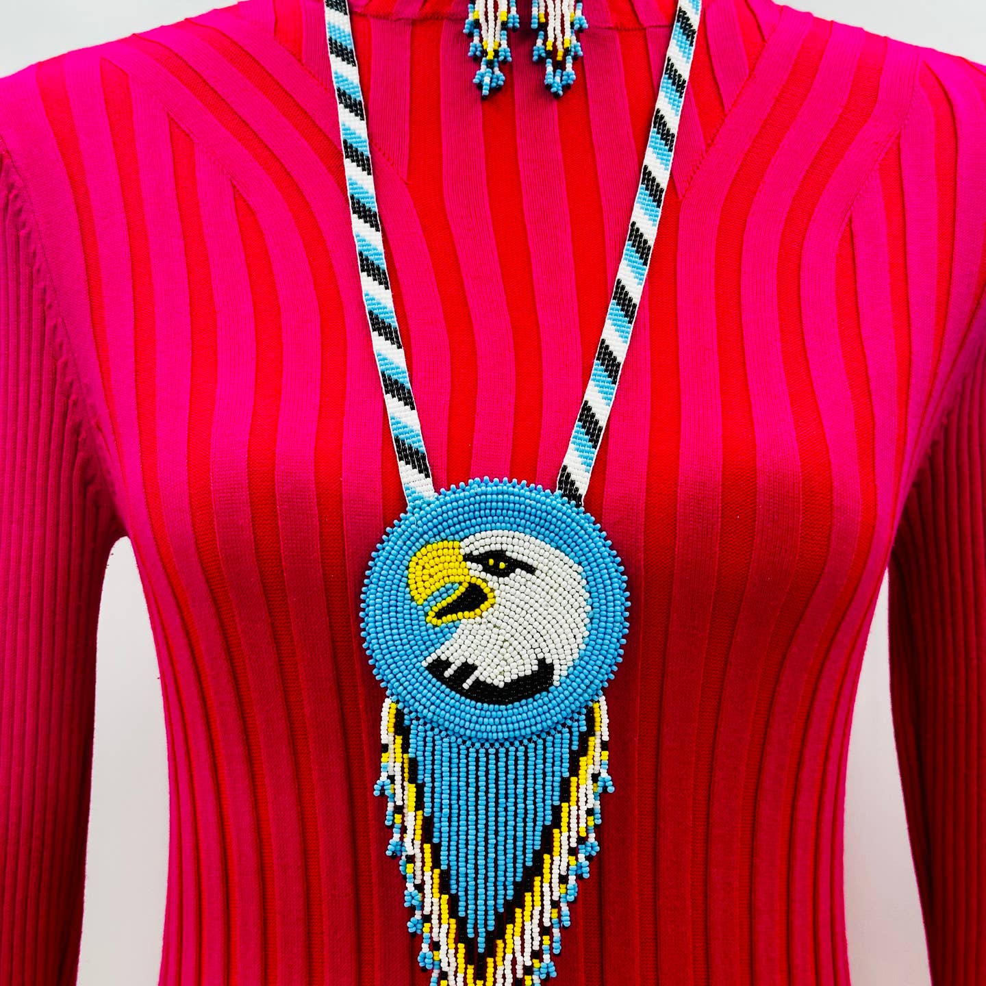 Handmade Beaded - Cyan Blue White Yellow - Eagle Pattern Fringe