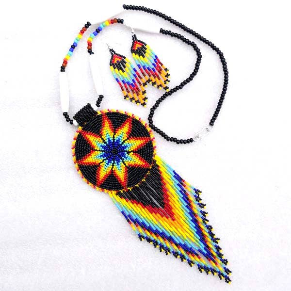 Black Fire Seed - Beaded Star Medallion - Necklace Earrings Set