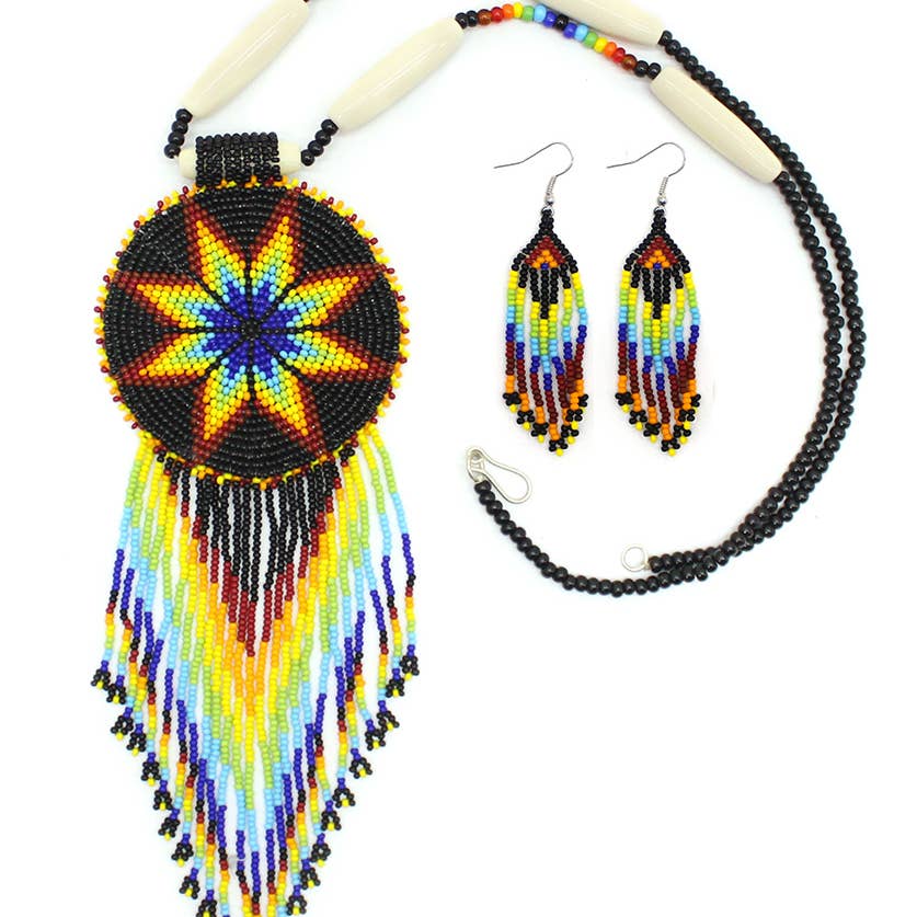Black Fire Seed - Beaded Star Medallion - Necklace Earrings Set