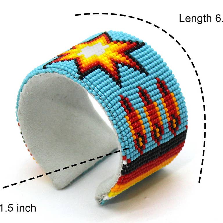 Handmade - Beaded Cyan - Blue Yellow Star - Leather Hard Cuff Bracelet