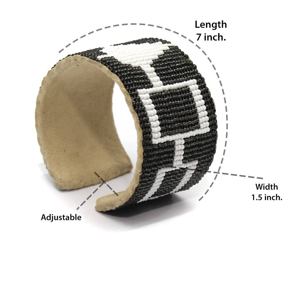 Iris Grey - White Seed Beads - Hiawatha Beadwork Beaded Bracelet Leather