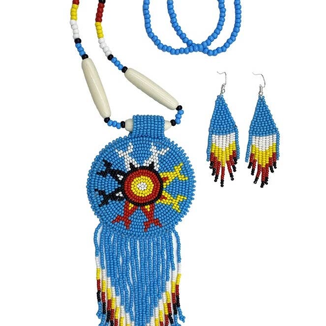 Handmade - Turquoise Blue - Four Directions - Necklace Medallion Earring Set