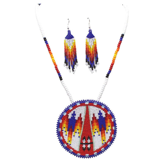 White Deep Blue - Medallion Necklace - Earrings Set