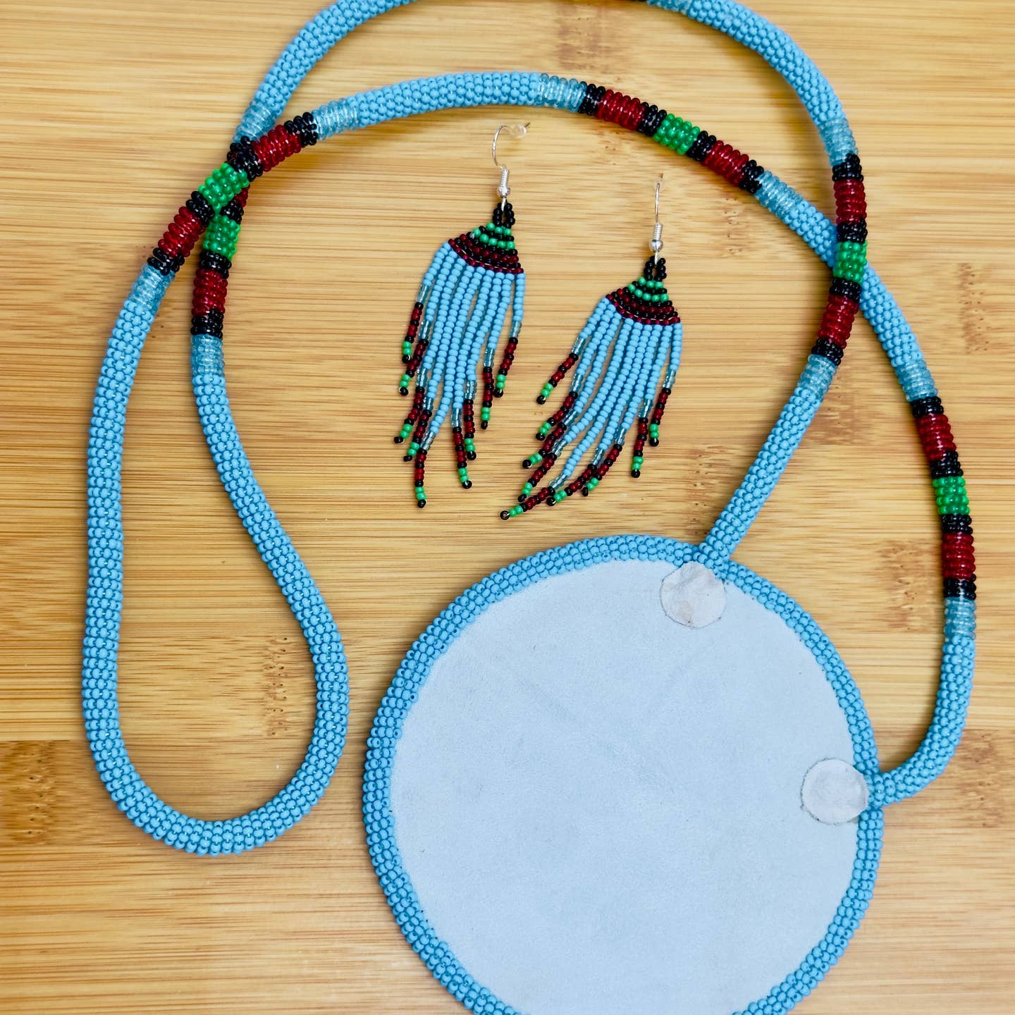 Red Rose Blue - Beaded Pendant Necklace - Earrings Set