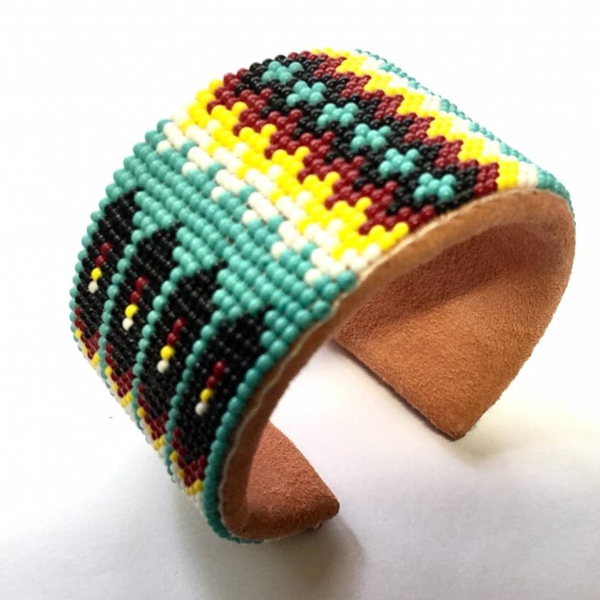 Beaded - Blue Fire Pattern - Hard Cuff - Leather Bracelet - South Western Style