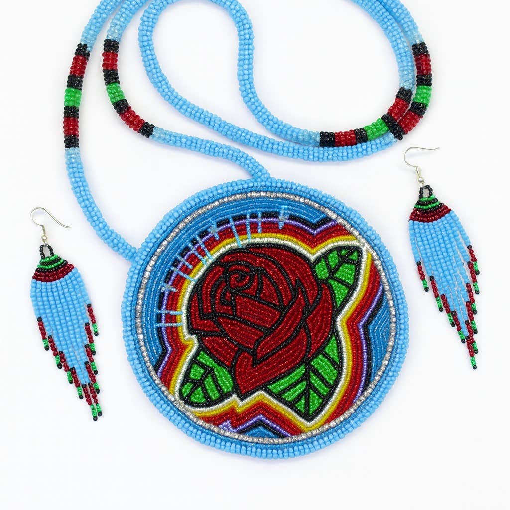 Red Rose Blue - Beaded Pendant Necklace - Earrings Set