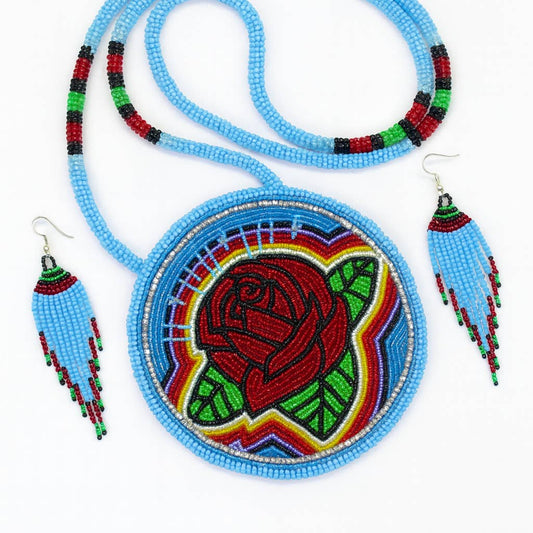 Red Rose Blue - Beaded Pendant Necklace - Earrings Set