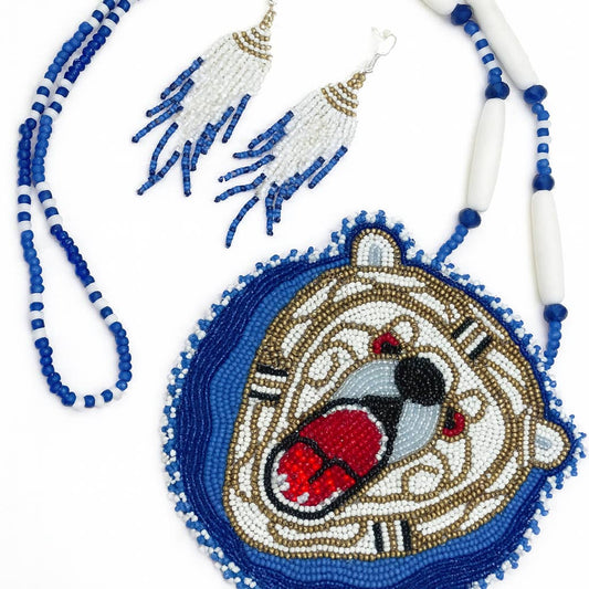 Blue White - Beaded Roaring Bear - Pendant Necklace & Earrings Set