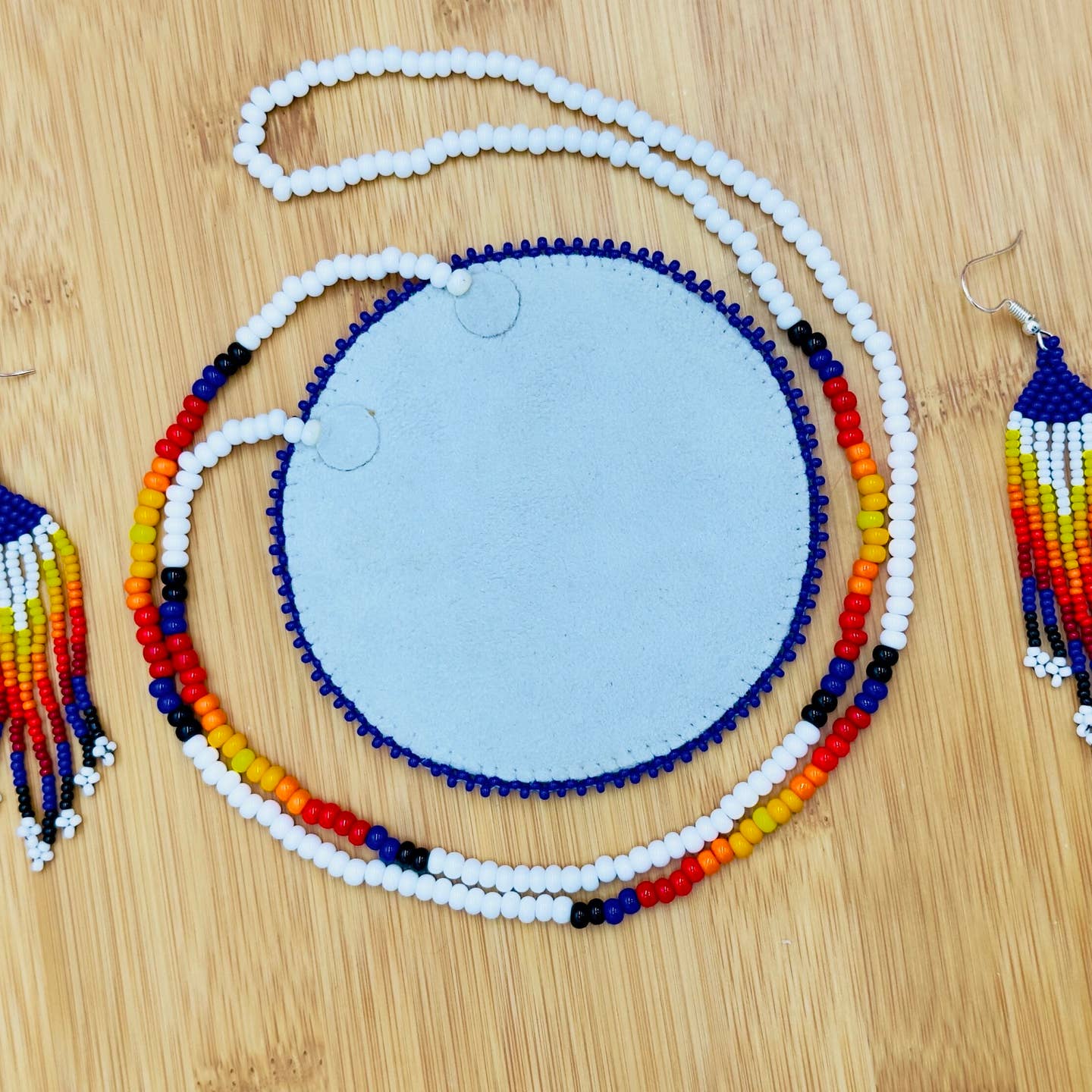 White Deep Blue - Medallion Necklace - Earrings Set