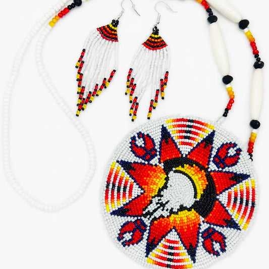 White Red - Beaded - Necklace Earrings Set with Pendant