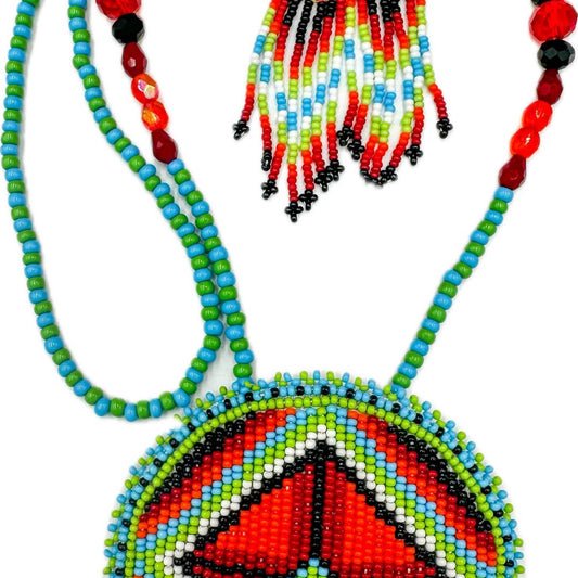 Beaded - Green Orange - Medallion Necklace - Earrings Set