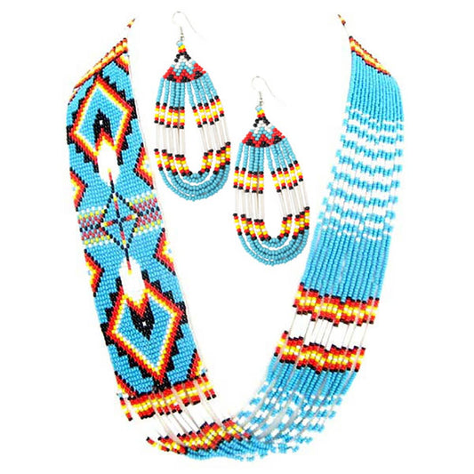 Handmade - Beaded Turquoise Blue - Feather Design Layered Set
