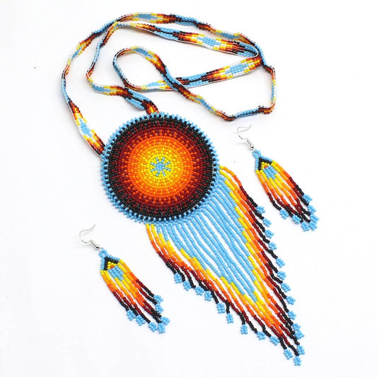 Beaded Medallion - Earrings Set - Rosette Pendant - Cyan Blue Fire