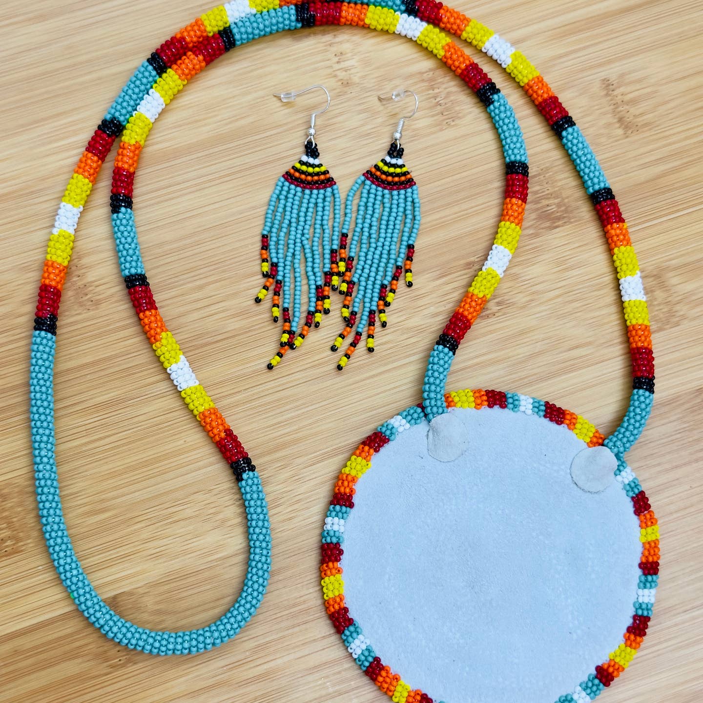 Sea Green - Multi Color Sunburst - Beaded Pendant Necklace - Earrings Set